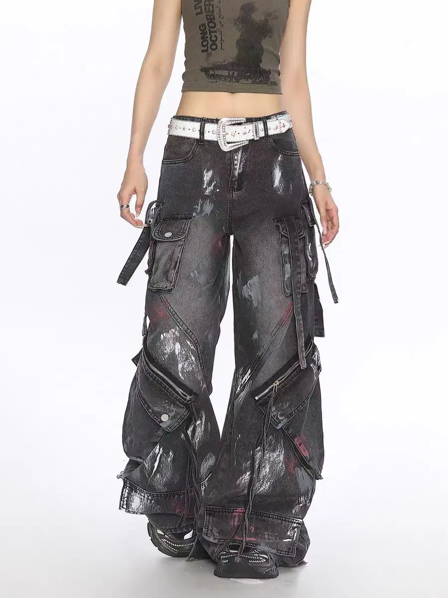Y2K Harajuku Gothic Multi-Pocket Washed Black Jeans Men And Women 2000s Heavy Industry Drag Pants Street Hip Hop Wide Leg Pants