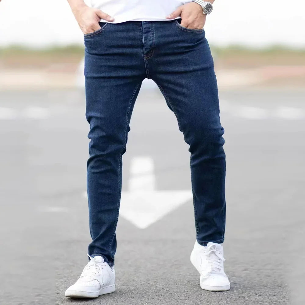 Spring Mens Black Blue Pants Pure Color Stretch Jeans Street Casual Slim Fit Trousers Male Vintage Wash Skinny Jeans for Men Ürün ana görseli