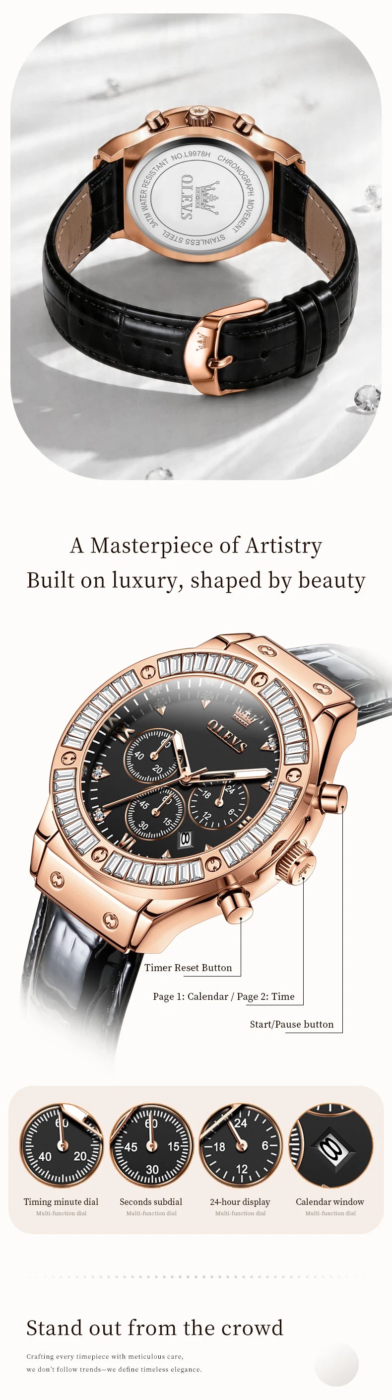 OLEVS 9978 Womens Watch Multifunctional Quartz Watch Waterproof Luminous Leather Strap Elegant Fashion Watches For Woman Gifts