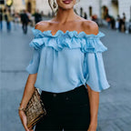 Fashion Ruffled Sexy One Shoulder Women's Short Sleeve Shirt Summer New Casual Loose Tops Female Elegant Versatile Office Shirt