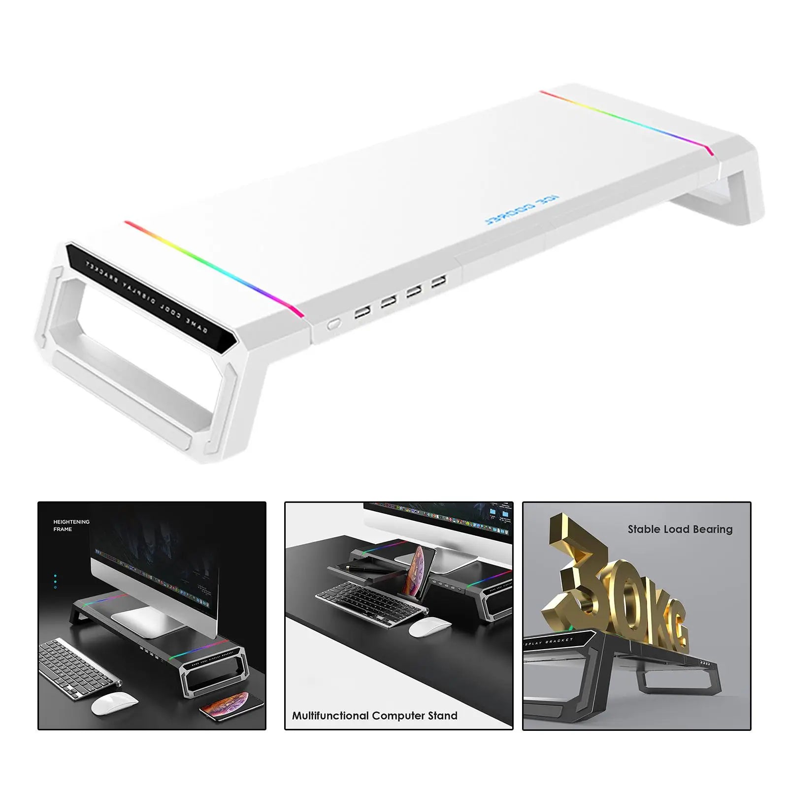 Aluminum RGB Monitor Stand Riser Bracket with 4 USB Ports Desk Organizer All-In-One Computer Laptop Height Stand Holder
