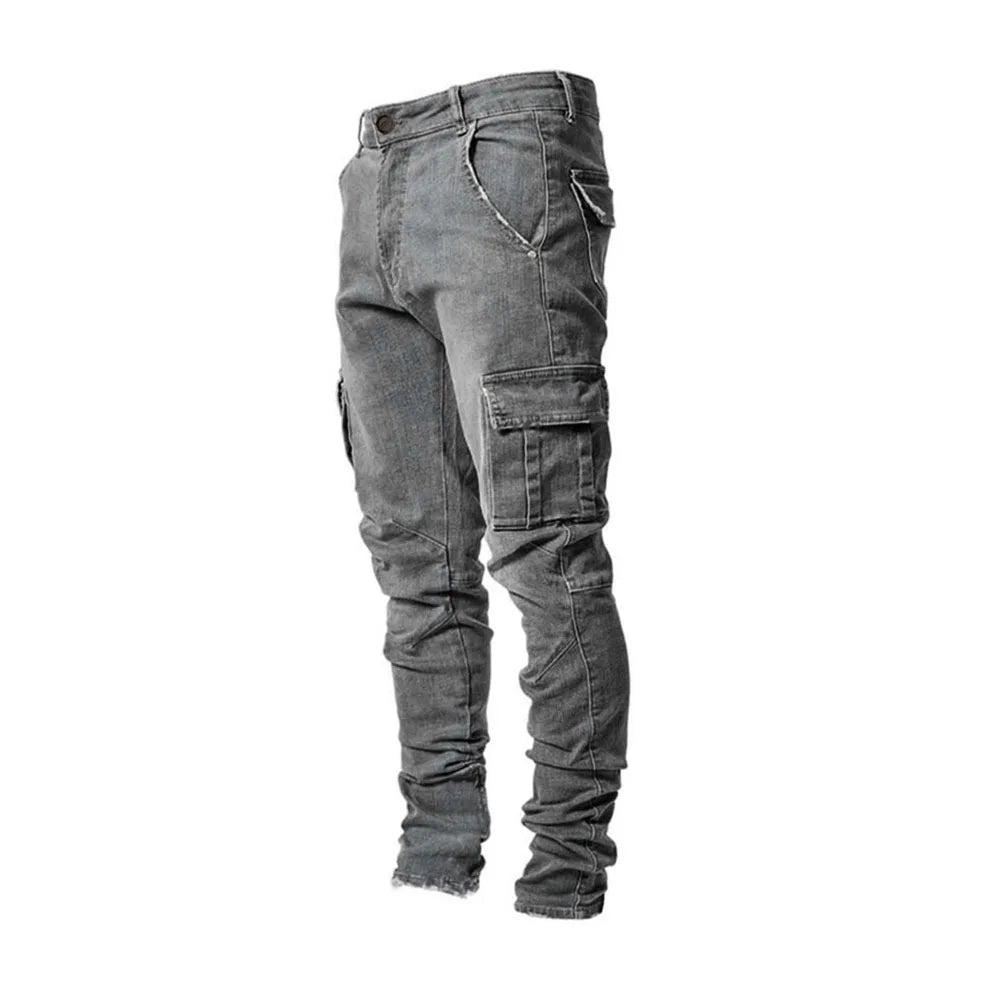 Men's street stretch denim jeans, washed solid color multi pocket work pants, casual slim fit, daily wear, jogging pants, mid wa