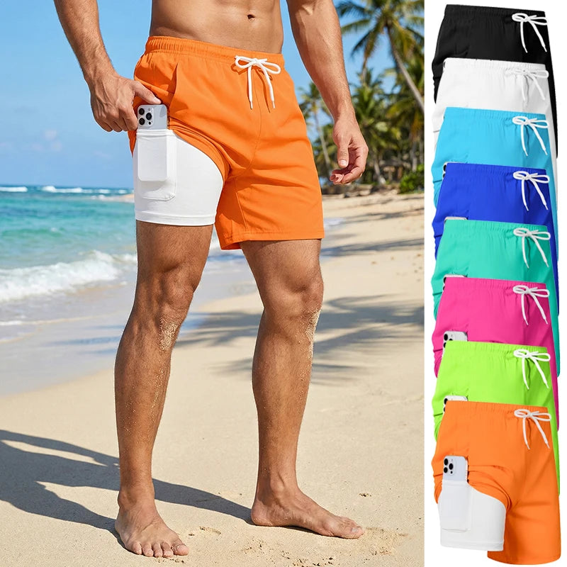 Mens Swim Trunks with Compression Liner Phone Pocket Summer Quick Dry Board Shorts Beach Shorts Swimwear Swimsuit Bathing Suits Ürün ana görseli