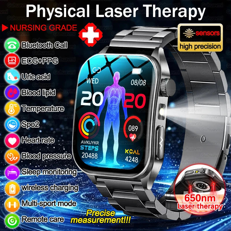 2026 New Health Smart Watch Laser Therapy Reduce Three Highs Blood Oxygen Pressure Uric Acid Blood Lipid ECG Smartwatch For Man Ürün ana görseli