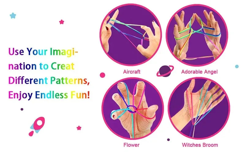 Rainbow Cats Cradle String 1.6M/63 Inch Long Rainbow Colourful Finger Rope Chinese Finger String Games Toy for Kids