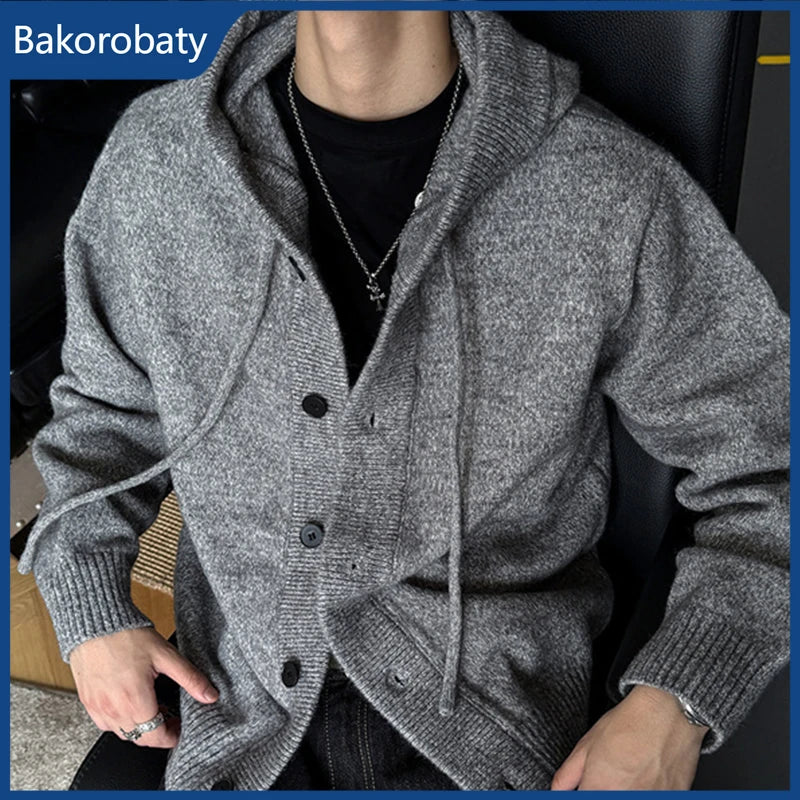 New Casual Luxury Hooded Knitted Cardigan For Man Korean Fashion Loose Button-up Sweater Y2K Vintage Streetwear Knitwear Coat Ürün ana görseli
