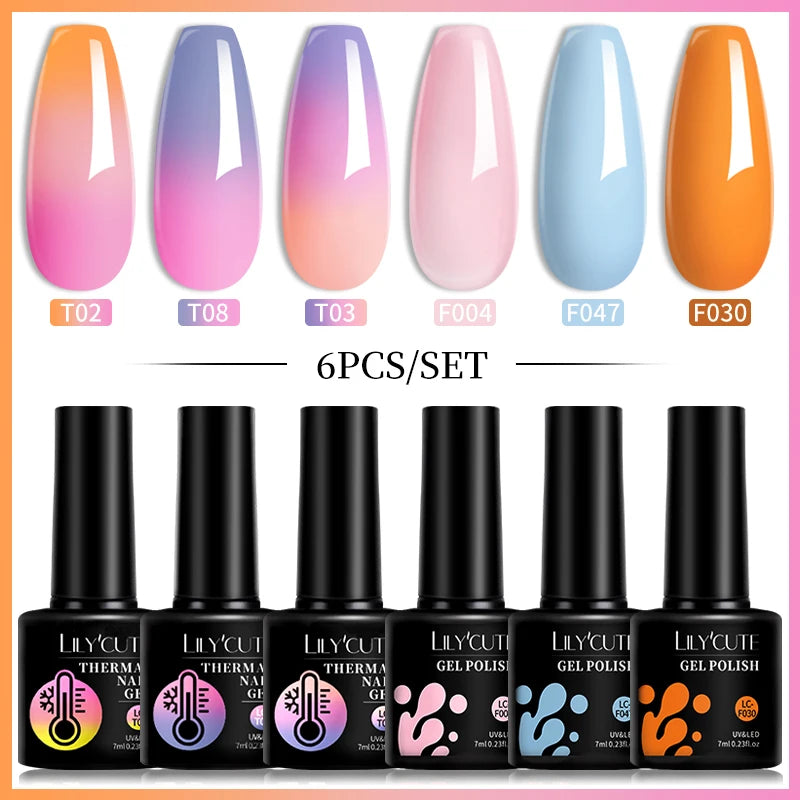 LILYCUTE 7ML 6PCS Neon Gel Nail Polish Set fluorescent Series Color Changing Semi Permanent Soak Off Manicure kit Nail Art Gel