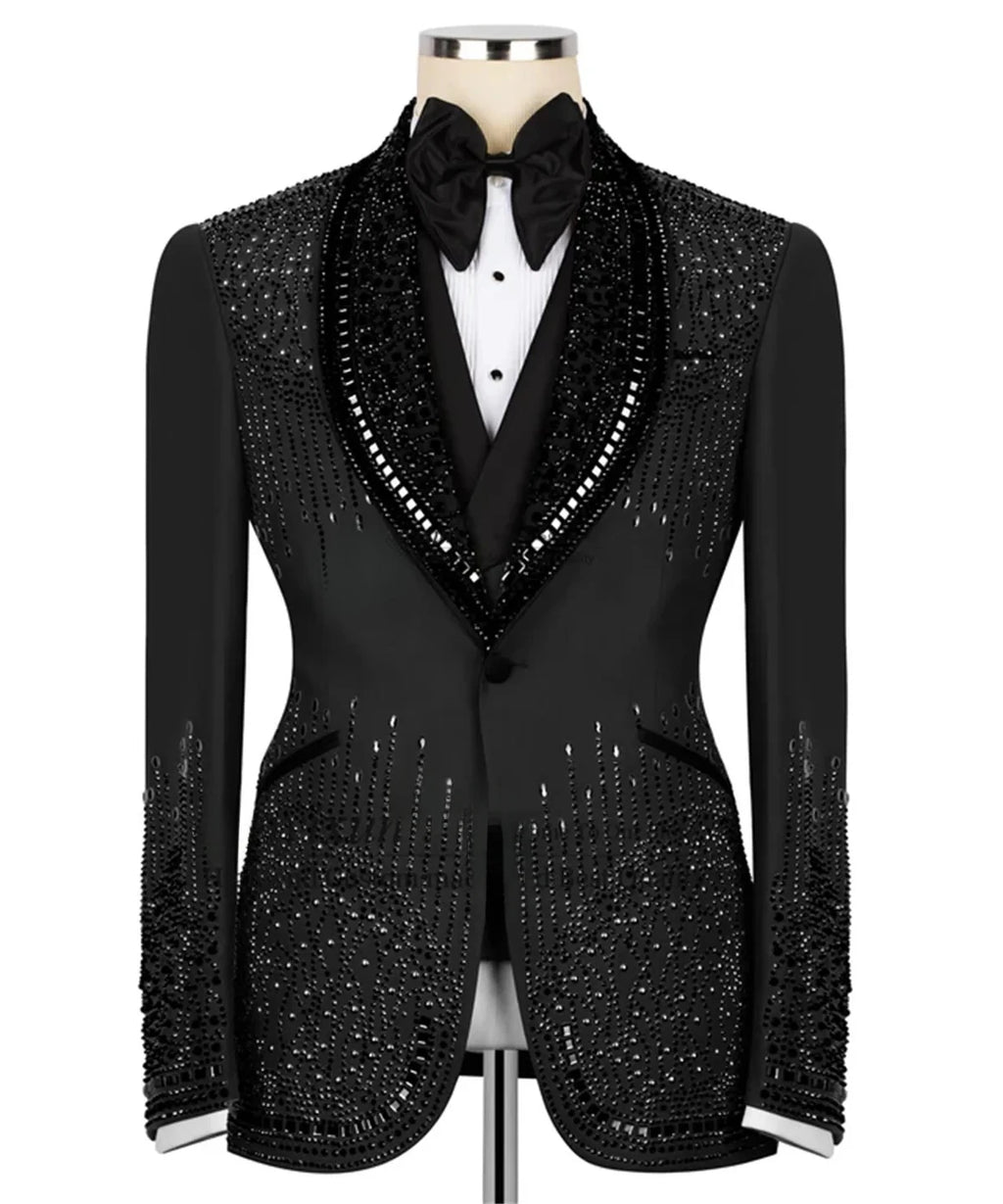 Luxury Costume Men Suit 2 Piece Sets Rhinestones Crystals Shawl Lapel Custom Wedding Slim Fit Tuxedos Blazer For Groom