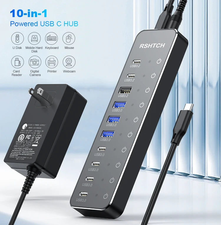 RSHTECH 10 in 1 USB C Hub 10Gbps USB-C with Individual Touch Switches Multiport Splitter Docking Station for MacBook Laptops PC