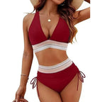 Sexy Deep V-Neck Bikini Swimsuit Set Women 2026 Summer Beach with Chest Cushion Swimwear High Waist Drawstring Triangle Bikini
