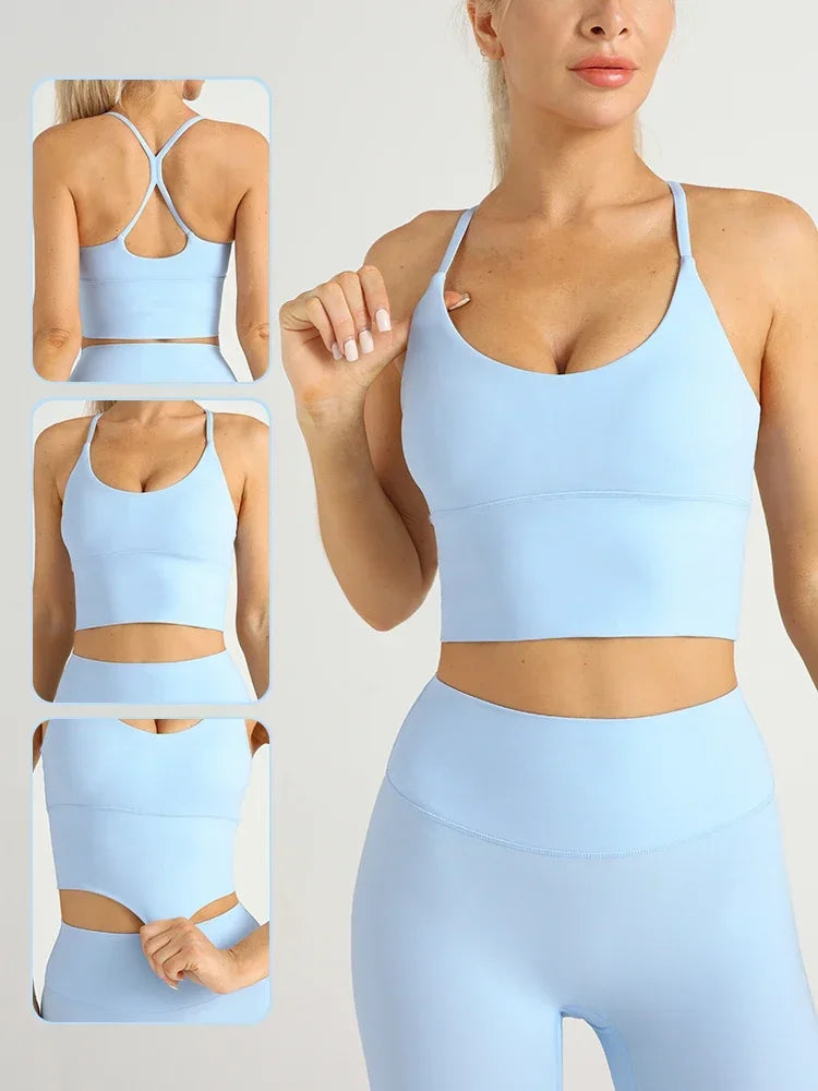 Solid Color Women Gym Yoga Naked Feeling Sexy Cross Back Y shape Sports Bra Fitness Yoga Jogging Workout Sports Women Sling Ürün ana görseli
