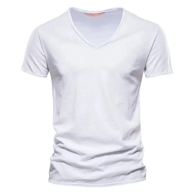 Spring Summer Cotton T Shirts Men 2025 Simple VNeck Stretch Solid New Tops Clothing Casual Tshirt Man Streetwear Cool Tee Shirts