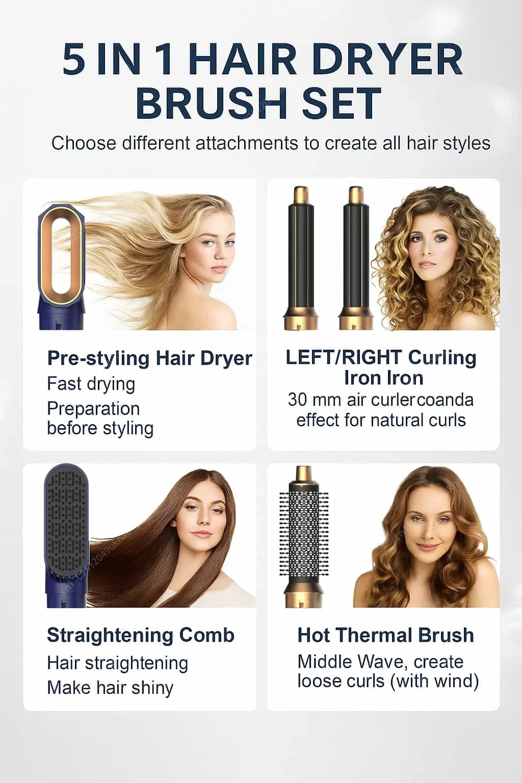 5 In 1 Hair Dryer And Hot Air Comb Brush With Curling Iron Hair Straightener For Fast Drying Curling Straightening And Styling
