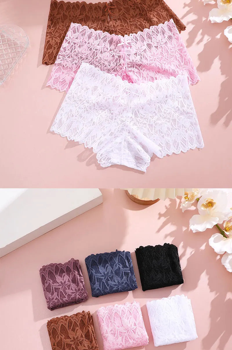 FINETOO 2Pcs Lace Four Shorts Women Low-Rise Panties Floral Underwear S-XL Girls Sexy Panties Ladies Lace Underpants Lingerie