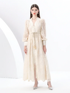 Spring Autumn French High-end Women's Dress New Lace Embroidery V-neck Lantern Sleeves Single Breasted Party Birthday Dress C192