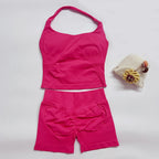 yoga outfits Women 2 pcs Sports DFNNYE Impact Set halterneck Backless Halter Top Seamless Scrunch Shorts Gym Workout Sports Suit
