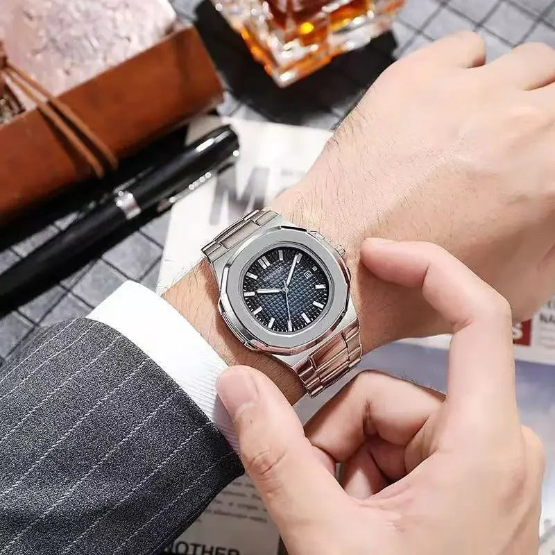 2024 Luxury Fashion Casual Men Watches Big Dial Silver Stainless Steel Calendar Quartz Wristwatch Classic Top Brand Male Clock Secondary image