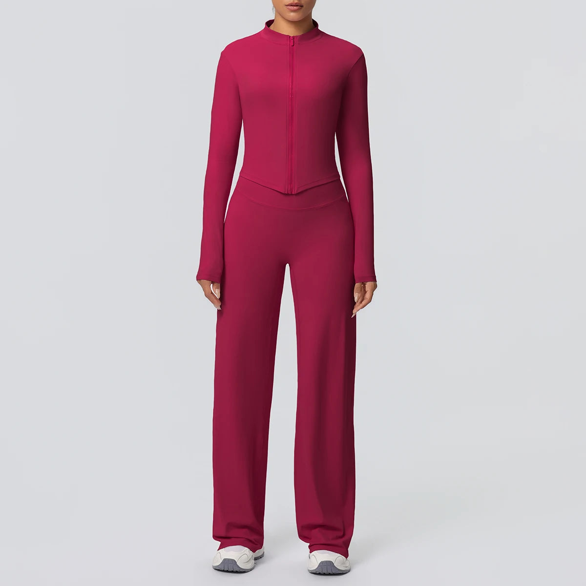 2pieces Quick Drying Sports Fitness Clothing Yoga Set Women Yoga Zipper Long Dleeves High Waisted Breathable Wide Leg Pants Set