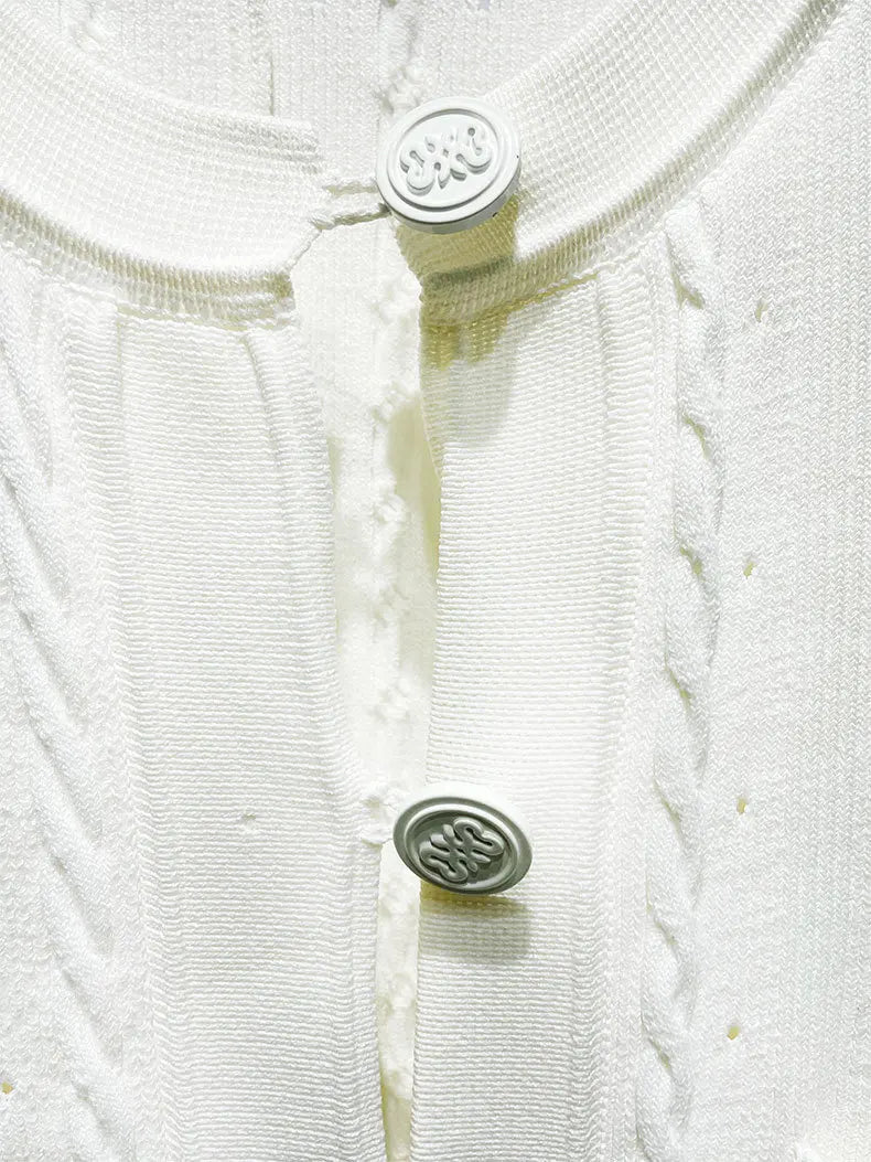 Summer Solid Round Neck Short Sleeved Office Lady Knitted Dress Women Korean Single Breasted Hollow Out Long Dress Fashion Trend