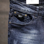 American Elastic Straight Jeans Men Ripped Worn-out Slim-fit Cotton Denim Pants Korean Style Fashion Blue Black Men's Clothing