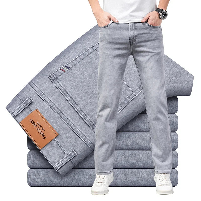 Summer Thin Men's Elastic Cotton Jeans Fashion Gray Comfortable Business Straight Casual Pants Brand Male Clothes Trousers Ürün ana görseli