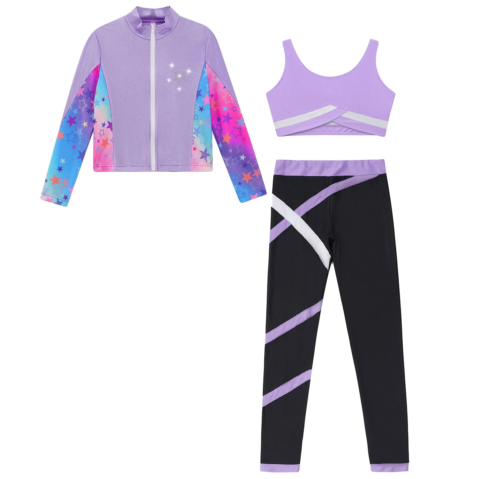 3Pcs Kids Girls Skating Athletic Fitness Workout Tracksuit Sleeveless Vest Top +Pants with Long Sleeve Zipper Sweatshirt Gym Set