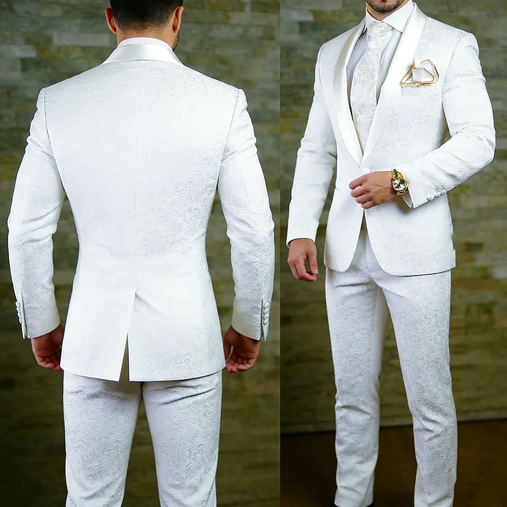 Elegant White Jacquard Fabric Men's Suits In Stock Formal One-Button Slim Fit Back Vent Shawl Lapel 2 Piece Jacket Pants Blazer Main image