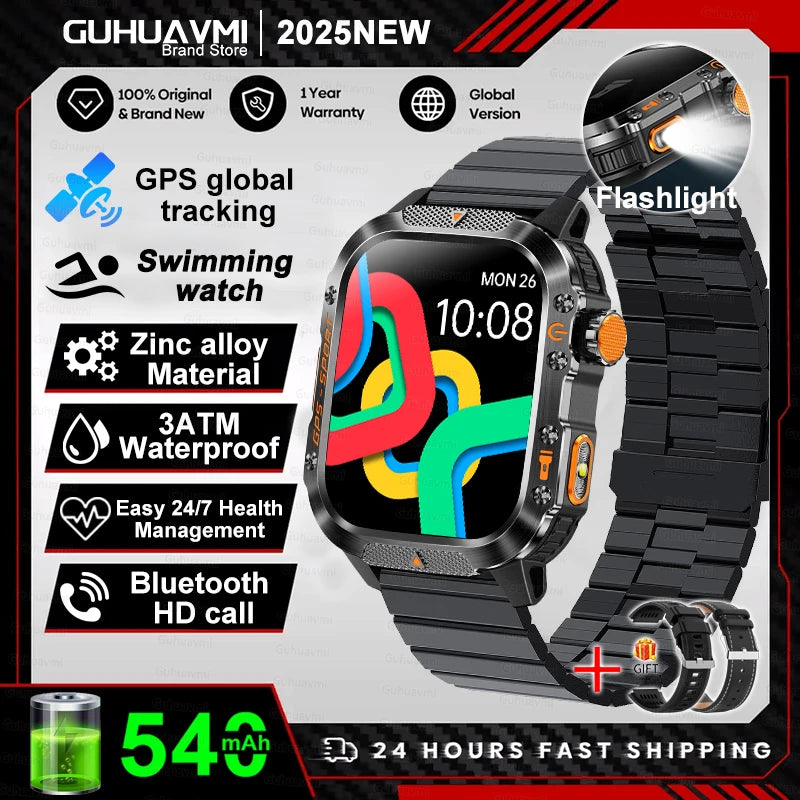 2025New GPS Smart Watch For Xiaomi IOS Military Compass Flashlight Smartwatch Men 10ATM Waterproof 100+Sport Modes BT Call Watch