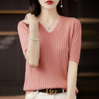 Women's Sweater Spring Summer Short Sleeve V-neck Knit Shirt Casual Korean Pullovers Stripe Bottoming Shirt Slim Fit Jumpers