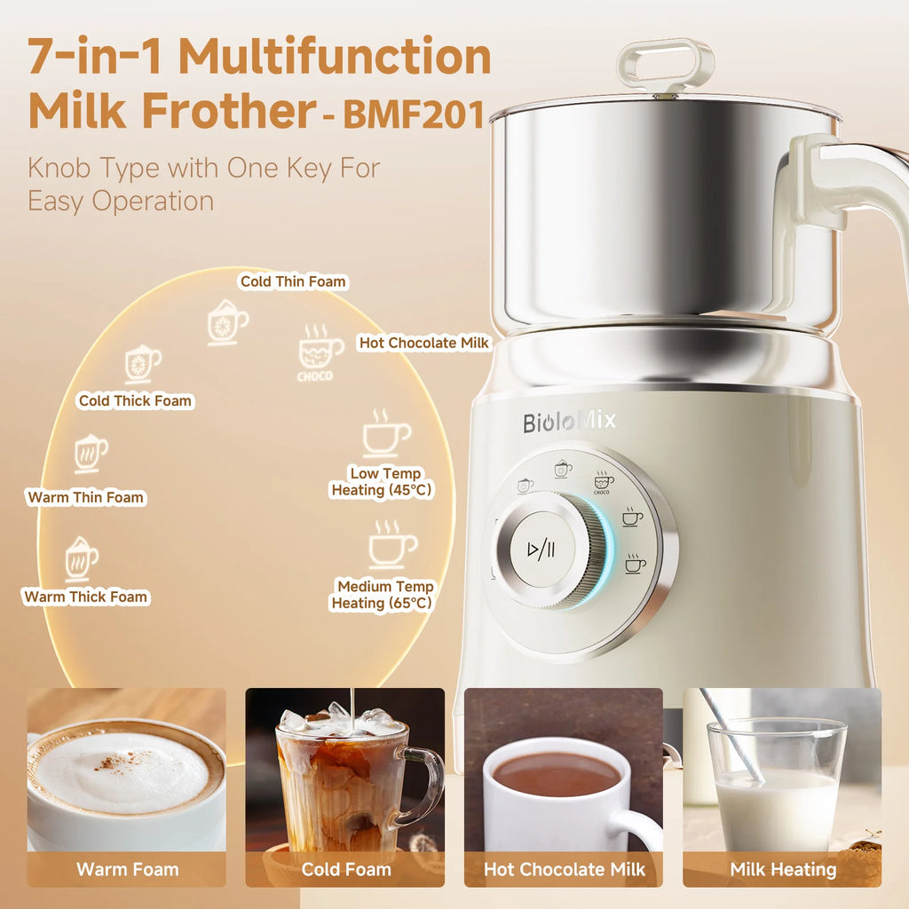 BioloMix 7-in-1 Detachable Electric Milk Frother Steamer Automatic Hot Cold Foam Maker for Coffee And Hot Chocolate