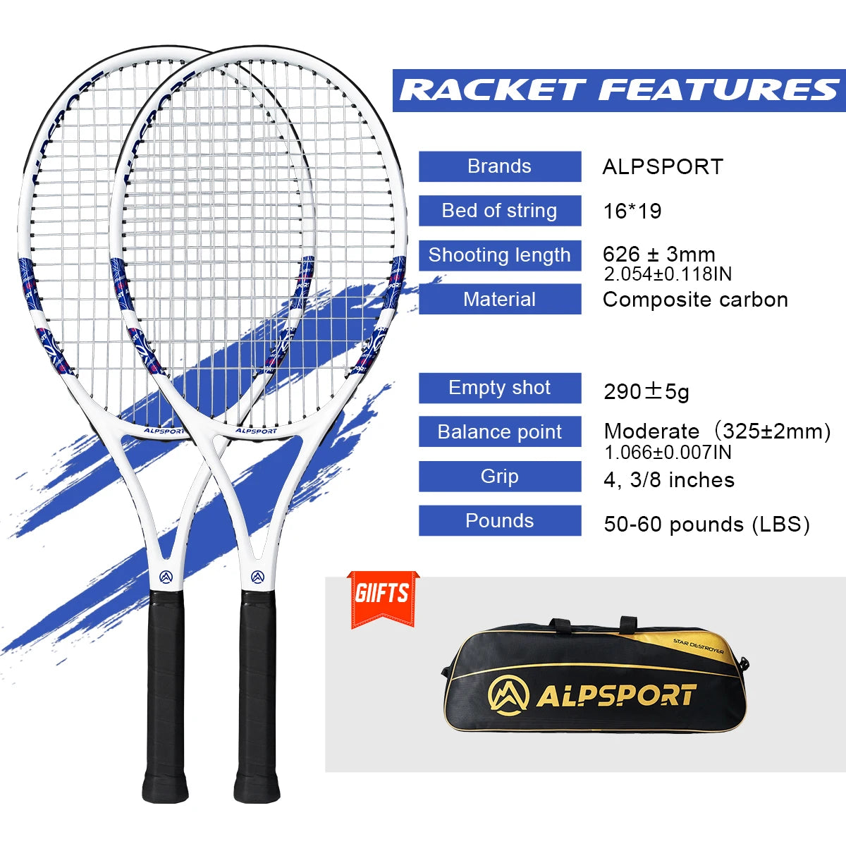 ALPSPORT Carbon Fiber Tennis Racket T800 18K-Professional Grade with Bag&Strap Lightweight Training Racquet for Adults Men&Women Main image