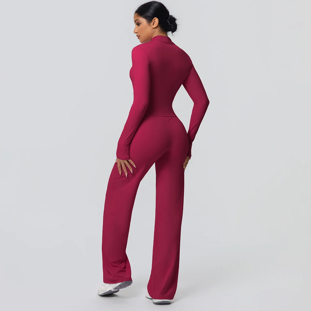 2pieces Quick Drying Sports Fitness Clothing Yoga Set Women Yoga Zipper Long Dleeves High Waisted Breathable Wide Leg Pants Set