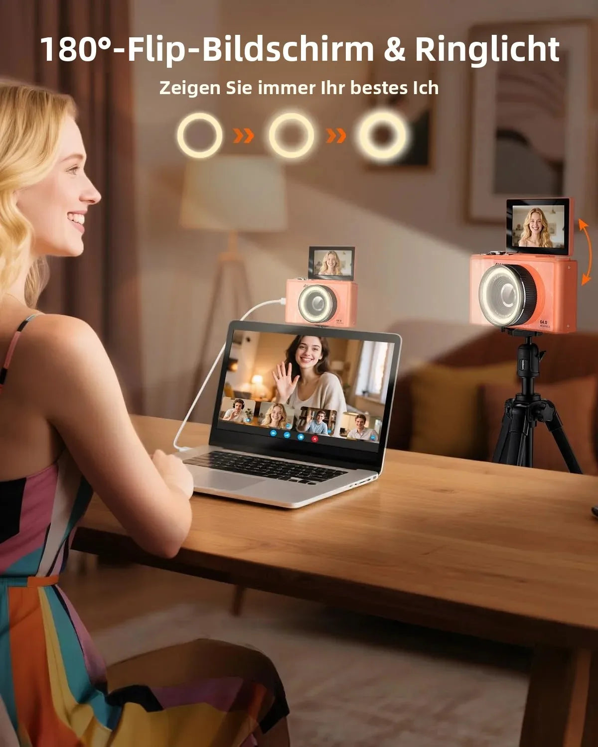4K Vlogging Camera, 180° Flip Screen, Ring Light & Beauty Mode, Digital Camera for Beginners, 32G SD Card Included, Xmas Gift