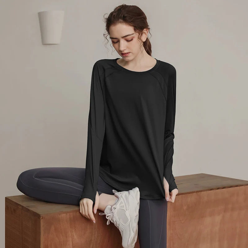 Loose, quick-drying sport tops, women's long-sleeved T-shirts, yoga wear, breathable running and fitness wear, slimming