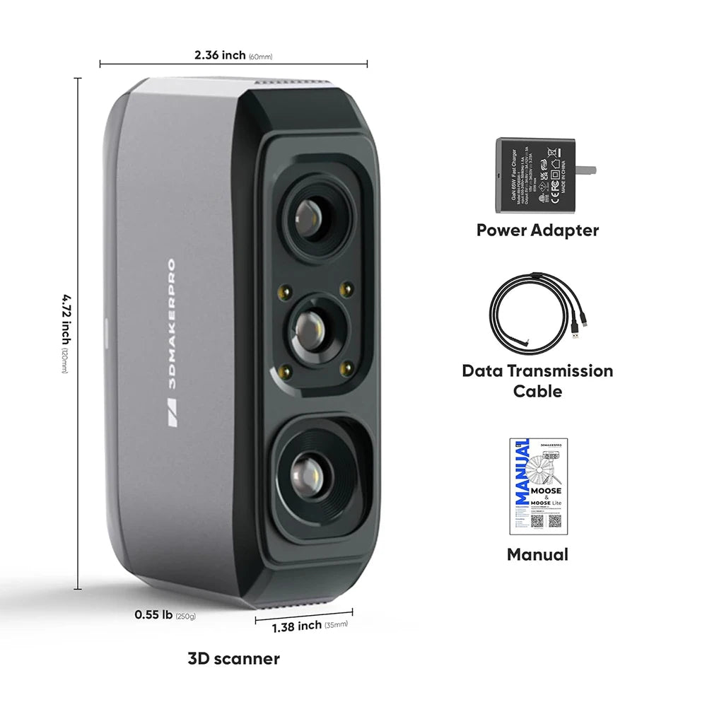 3DMakerpro Moose Lite 3D Scanner, NIR Light Source, 0.05mm Accuracy, 0.10mm Resolution, 24-bit Color Camera, 10fps Frame Rate, Anti-Shake Lenses, Compatible with Windows/MacOS - Luxury Version