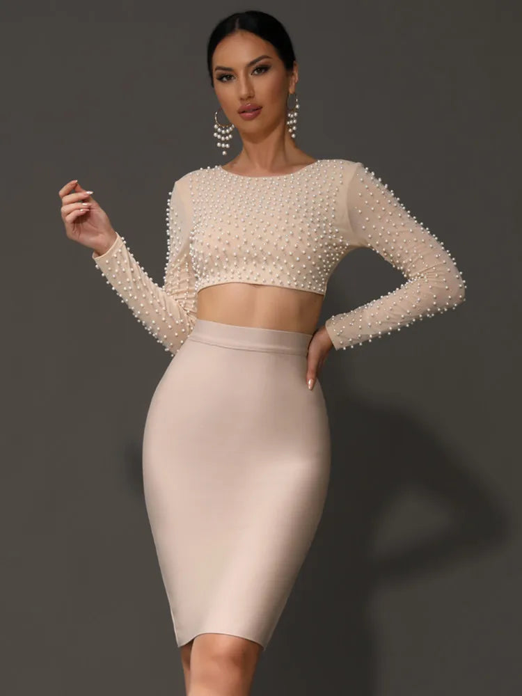 Sexy O Neck Long Sleeve Mesh Pearl Beige Black Celebrity Midi Women Bandage Set 2024 Designer Evening Party Women's Set Ürün ana görseli