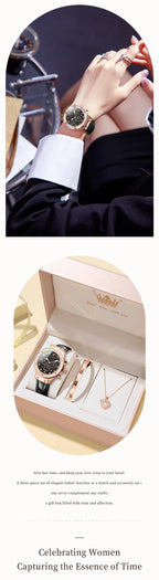 OLEVS 9978 Womens Watch Multifunctional Quartz Watch Waterproof Luminous Leather Strap Elegant Fashion Watches For Woman Gifts