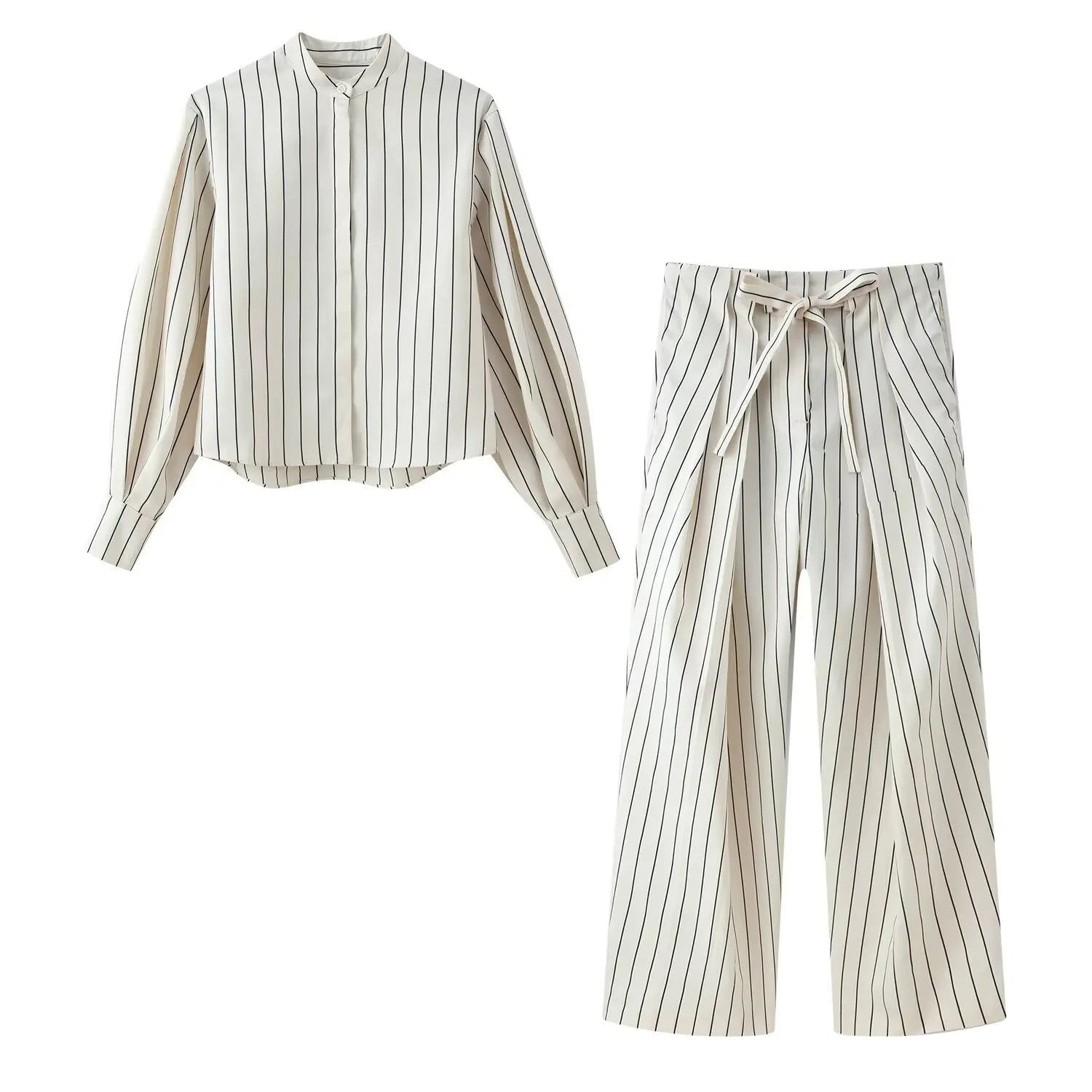 HH Women 2026 New Fashion Versatile Beige Striped Puffy Sleeve Shirt+High Waisted Loose Pleated Casual Long Pants Two Piece  Set