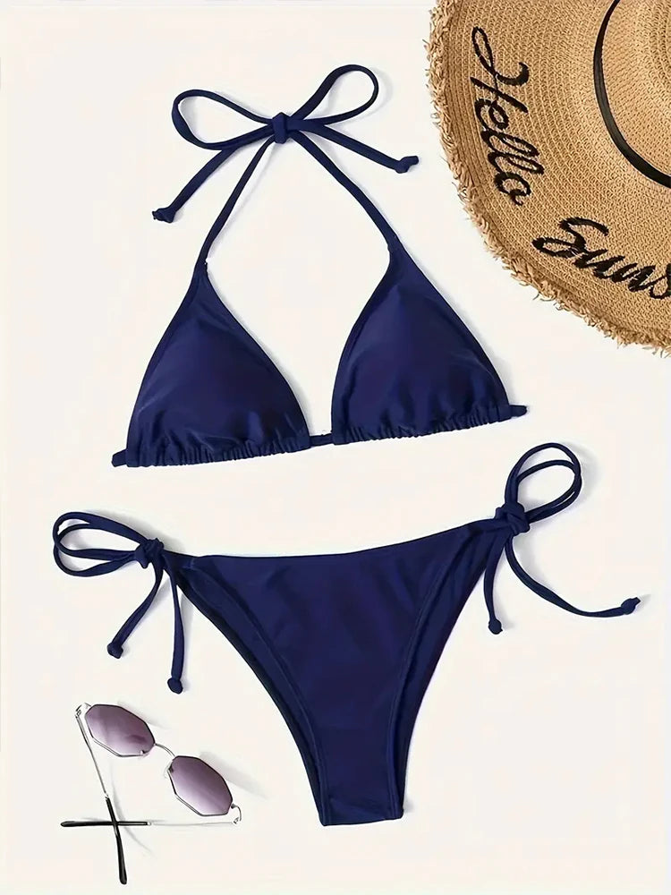 Swimwear Thong Bikini Set Sexy New Navy Blue Swimsuits Woman Sexy Bathing Suits Bikinis Triangle Bandage Female Beachwear Ürün ana görseli