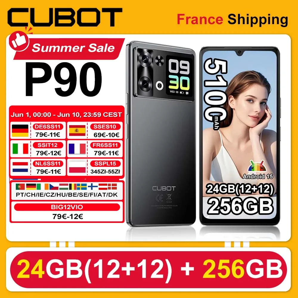 Cubot P90 Smartphone Android 15 24(12+12)GB + 256GB 6.88 "120Hz G100 64MP+16MP 5100mAh Mobile Phone NFC Face ID Fingerprint
