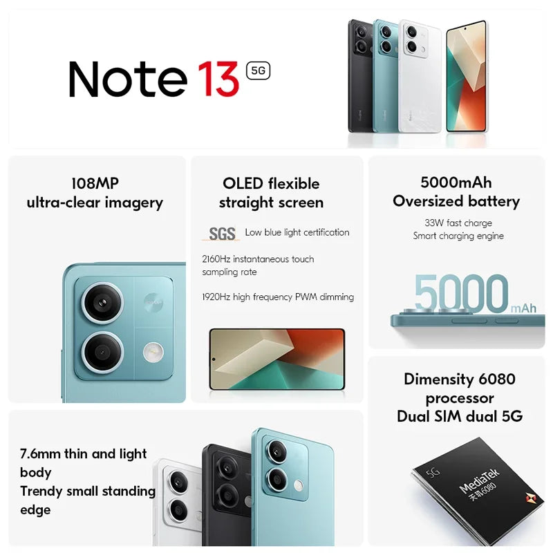 Global firmware  Xiaomi Redmi Note 13 5G Smartphone 128GB 256GB ROM Dimensity 6080 6.67'' AMOLED Screen 5000mAh 33W used phone