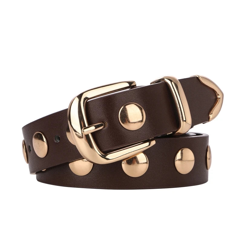 Women Fashion Leather Belt Studded Punk Black Belts for Jeans Dress Ladies Belt with Gold Buckle Adjustable Waist Belt