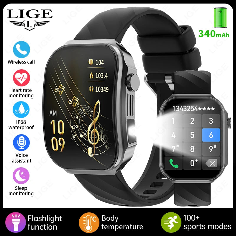 LIGE New 2.2-inch 3D Curved Screen Smart Watch With LED Light Thermometer Health Monitor Smartwatch BT Call Sports Fitness Watch