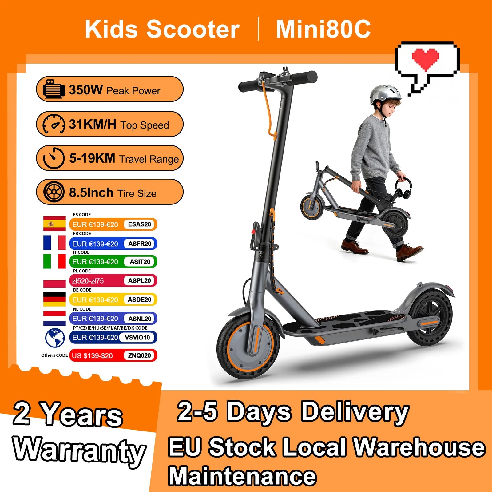 AOVOPRO Mini80C Electric Scooter for Children 350W 8.5Inch Kids Electric Scooter 31KM/H Super Speed 5-19KM APP Smart Escooter Ürün ana görseli