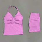2 Pieces Sports Set Women Backless Halter Tops Fitness Tank Top High Waist Seamless High Stretch Shorts Gym Workout Sets