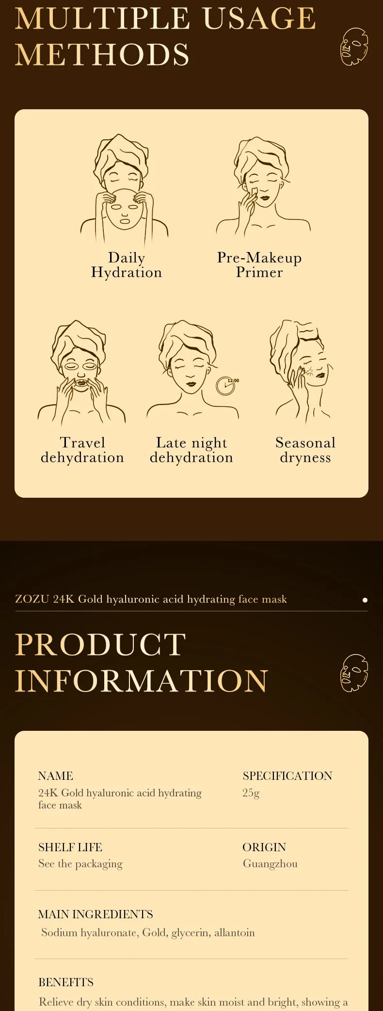 10 pieces 24k Gold Hyaluronic Acid Moisturizing Facial Mask Whitening Mask for Face Women Korean Skin Care Products