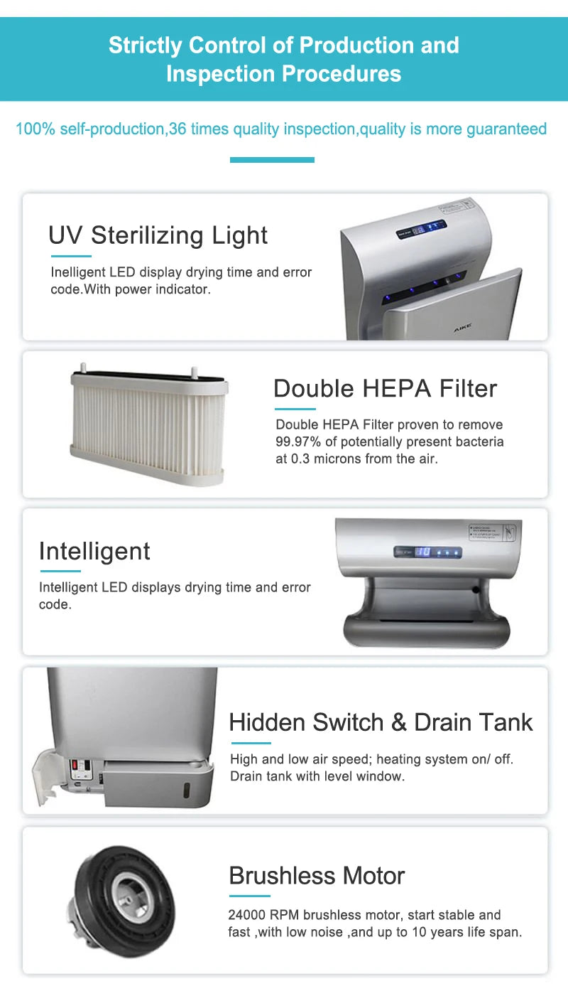 AIKE 7-10s Bathroom Vertical Hand Dryer Automatic High Speed Hand Dryer with UV Germicidal Lamp HEPA Filter and Brushless Motor