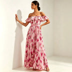 2026 summer off-the-shoulder tulip print plus size slimming square neck maxi dress