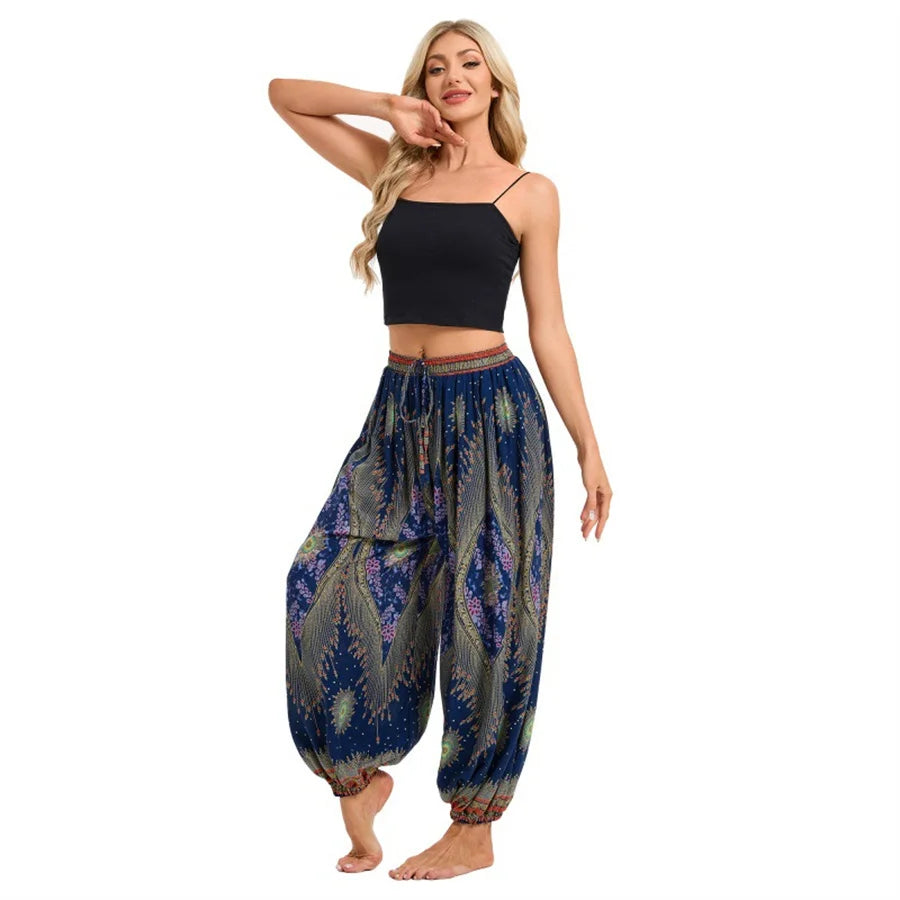 Women's Boho Wide Leg Harem Pants Adult High Waist Yoga Loose Lantern Pants Breathable Beach Trousers Vacation Printed Jagger
