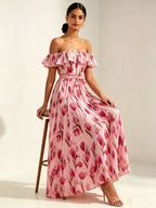 2026 summer off-the-shoulder tulip print plus size slimming square neck maxi dress